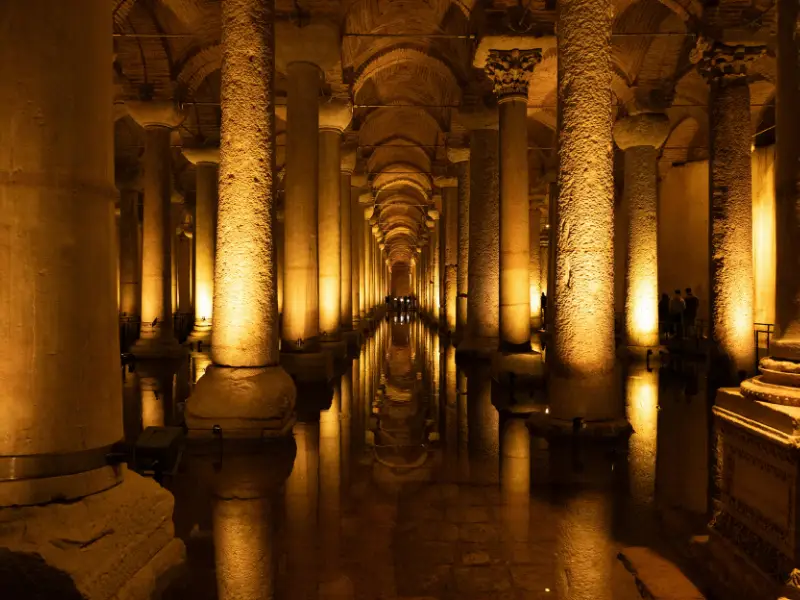 Basilica Cistern underground columns and illuminated walkways in Istanbul