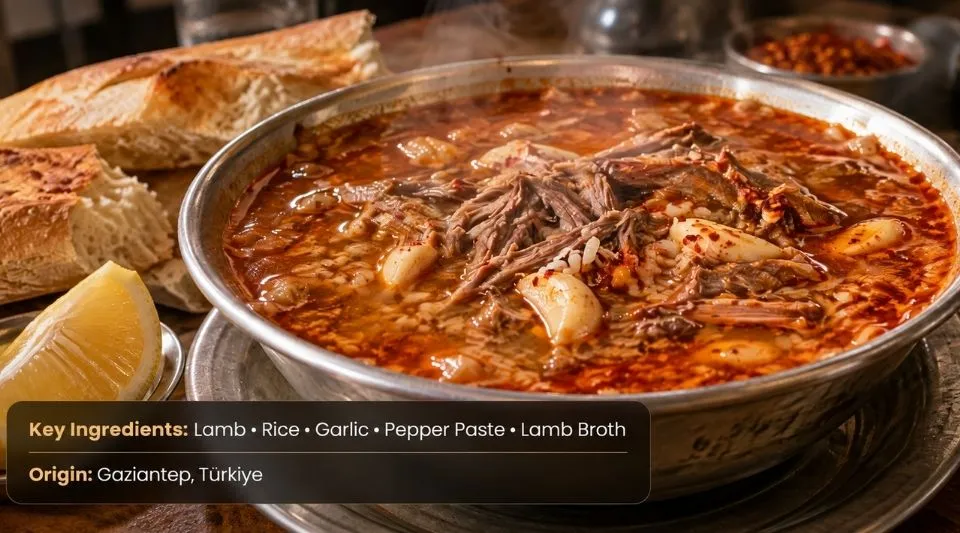 Traditional Beyran soup from Gaziantep with lamb, rice and spicy broth