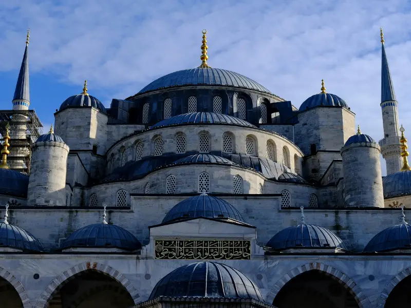 Blue Mosque courtyard and domes in Sultanahmet Istanbul