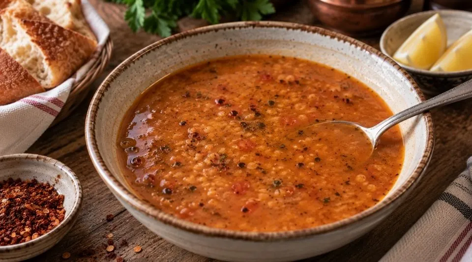 Traditional Turkish ezogelin soup with red lentils, bulgur, mint and spices