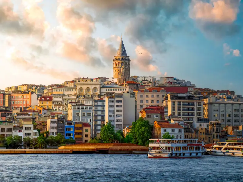Galata Bridge and Karakoy area at sunset in Istanbul
