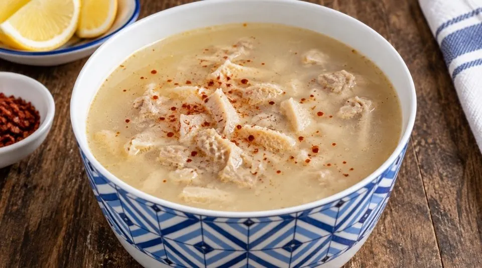Traditional Turkish işkembe tripe soup served with garlic, lemon and chili