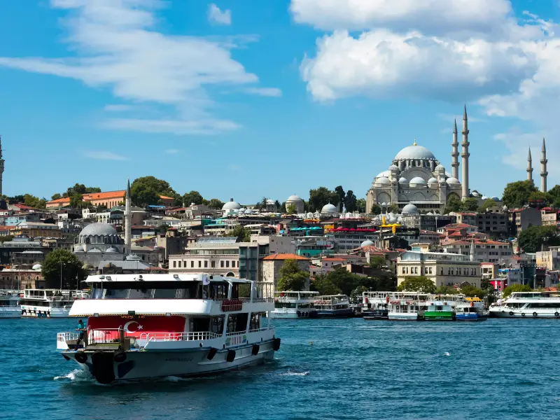 Bosphorus view with boats, bridges and waterfront landmarks in Istanbul