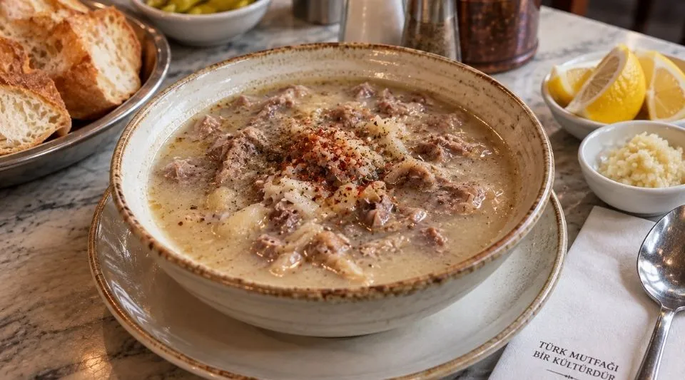 Traditional Turkish kelle paça soup with tender meat and rich broth