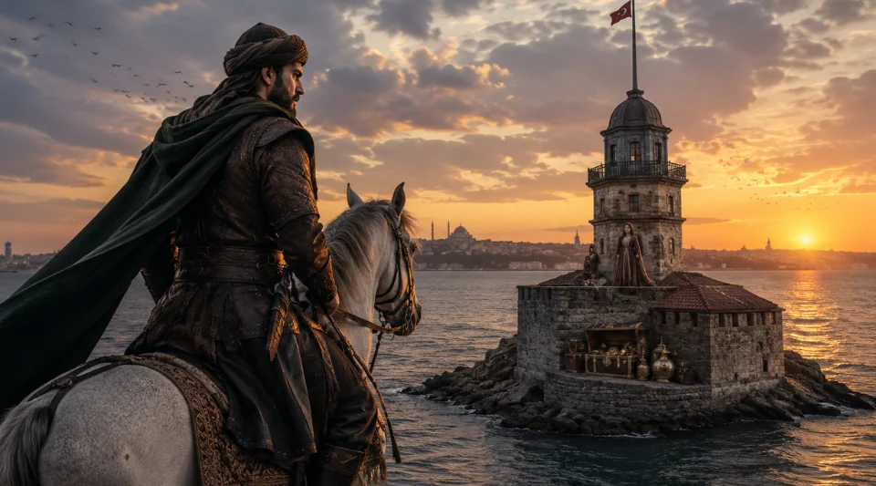 Battal Gazi on horseback looking toward Maiden's Tower in the famous Istanbul legend