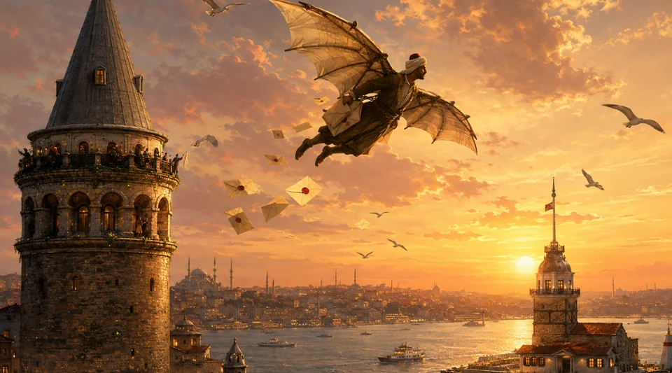 Hezarfen Ahmed Celebi carrying love letters between Galata Tower and Maiden's Tower across Istanbul