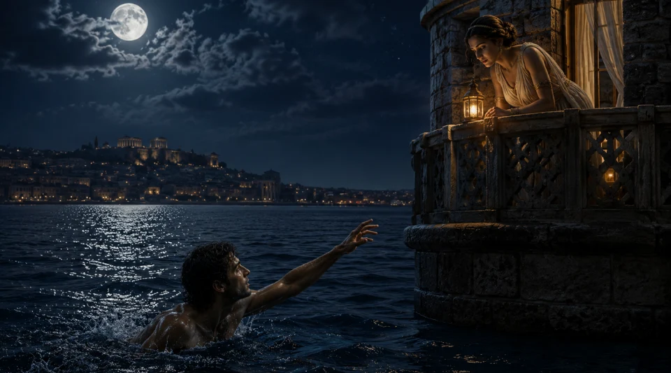 Hero guiding Leander with a lamp as he swims toward the tower at night