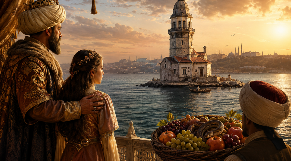 King and his daughter in the Maiden's Tower legend with a fruit basket hiding a snake