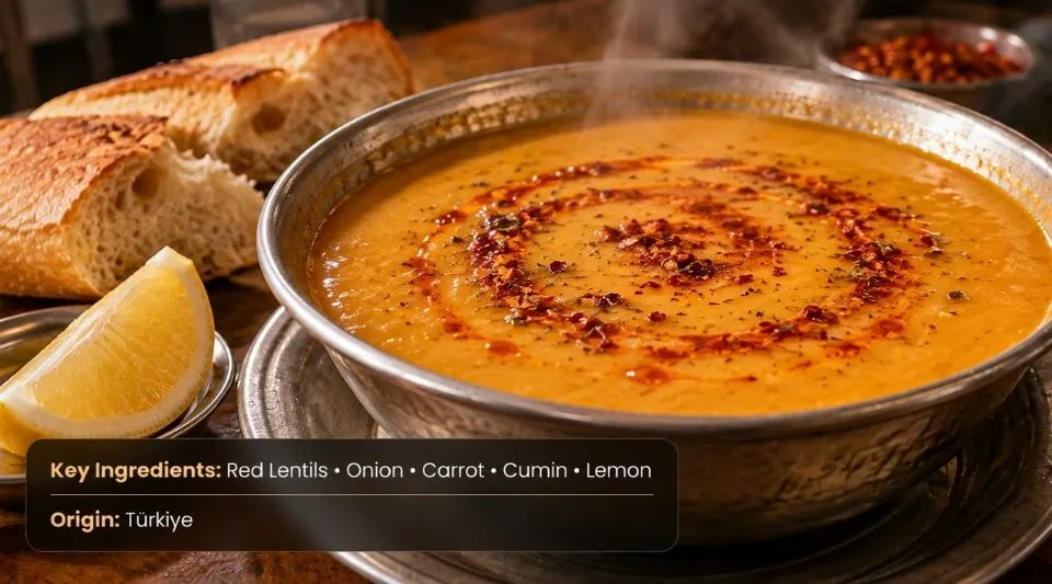 Traditional Turkish mercimek soup made with red lentils and served with lemon