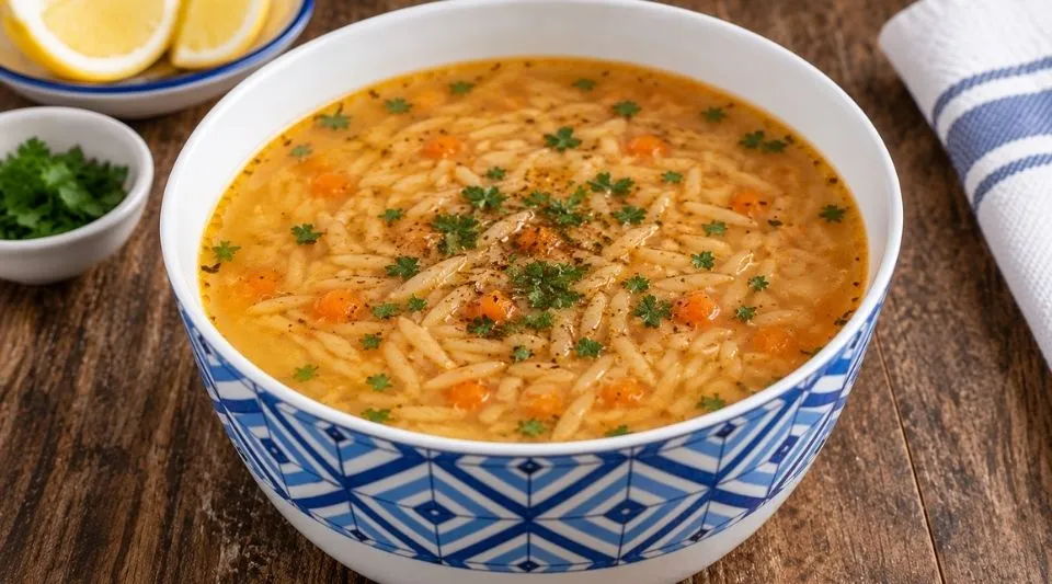 Traditional Turkish şehriye soup with small pasta in a warm tomato-based broth