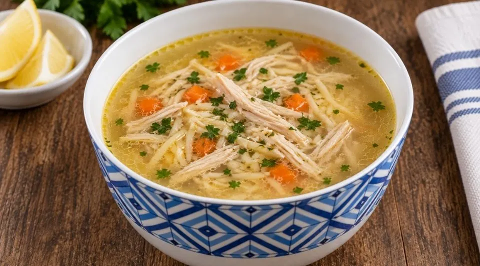 Turkish chicken broth soup with shredded chicken and şehriye noodles