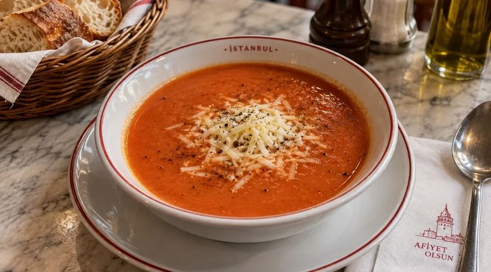 Turkish tomato soup served with grated cheese in a traditional bowl