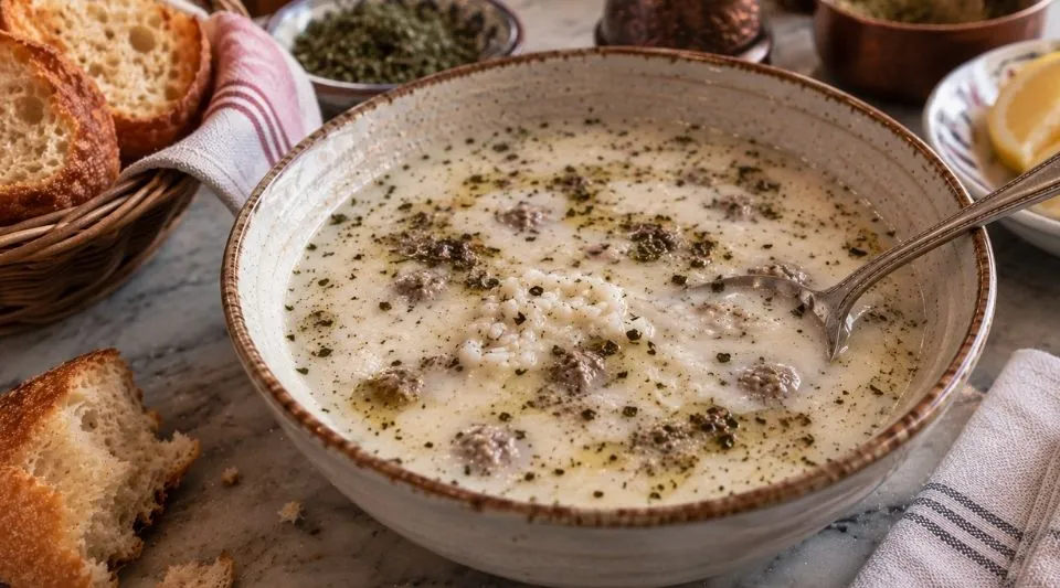 Traditional Turkish yayla soup with yogurt, rice and dried mint