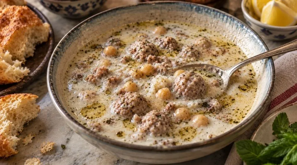 Gaziantep yuvalama soup with small meatballs, chickpeas and yogurt broth