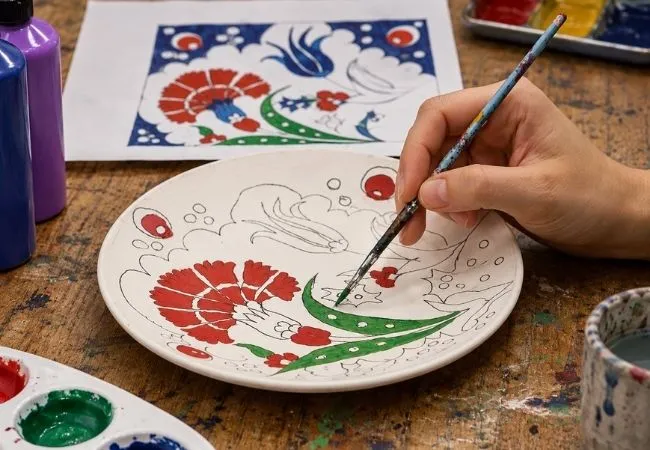1. Traditional Turkish ceramic plate painting with floral motifs
