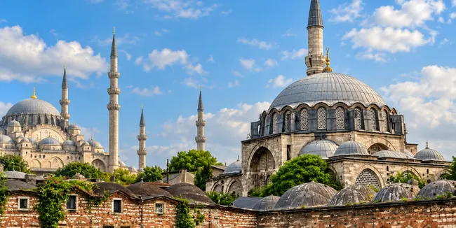 Historic Ottoman mosques in Istanbul with Suleymaniye Mosque in the background