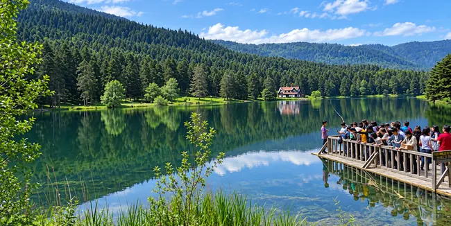 Gölcük Lake surrounded by forested mountains and visitors in Bolu, Turkey
