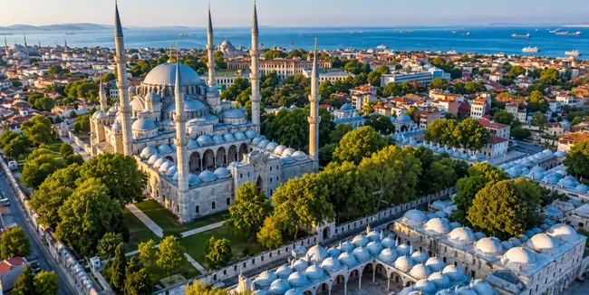 Aerial view of the Blue Mosque in Istanbul with its domes, minarets and the Marmara Sea
