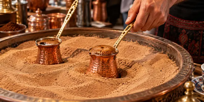 Traditional Turkish coffee brewed in hot sand using copper cezves