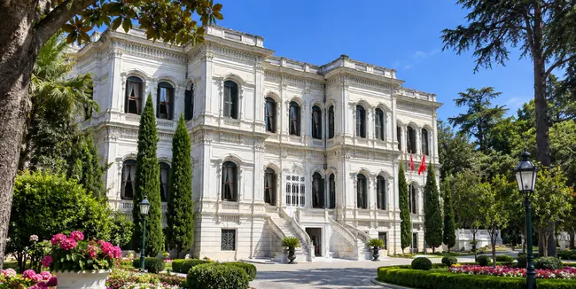 Yildiz Palace in Istanbul surrounded by landscaped gardens and trees